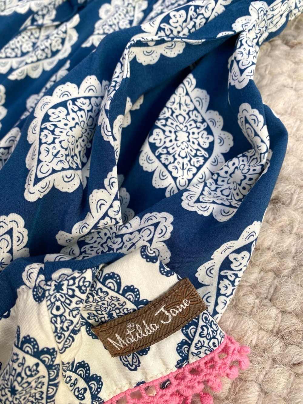 Matilda Jane Blue White Tile Print Tassel Pocket Romper, Size S - Picture 8 of 10